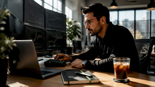Trader using macro keypad with multi-monitor charts