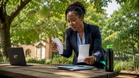 Female trader reviewing printed orders at trading desk