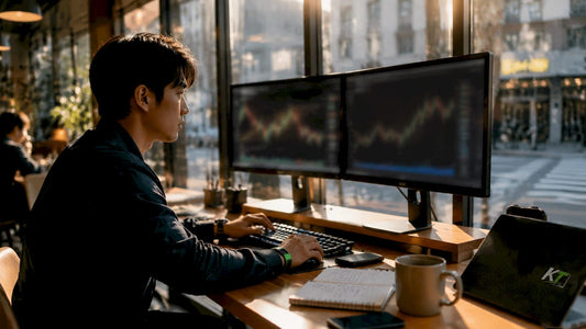 Trader managing trades on multi-monitor setup