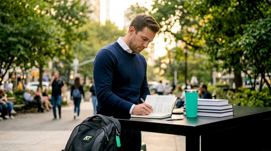 Trader writing in trading journal at desk