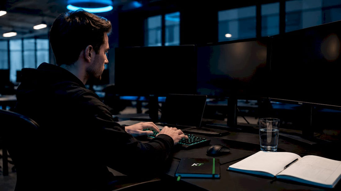 Trader interacting with multi-monitor trading setup indoors