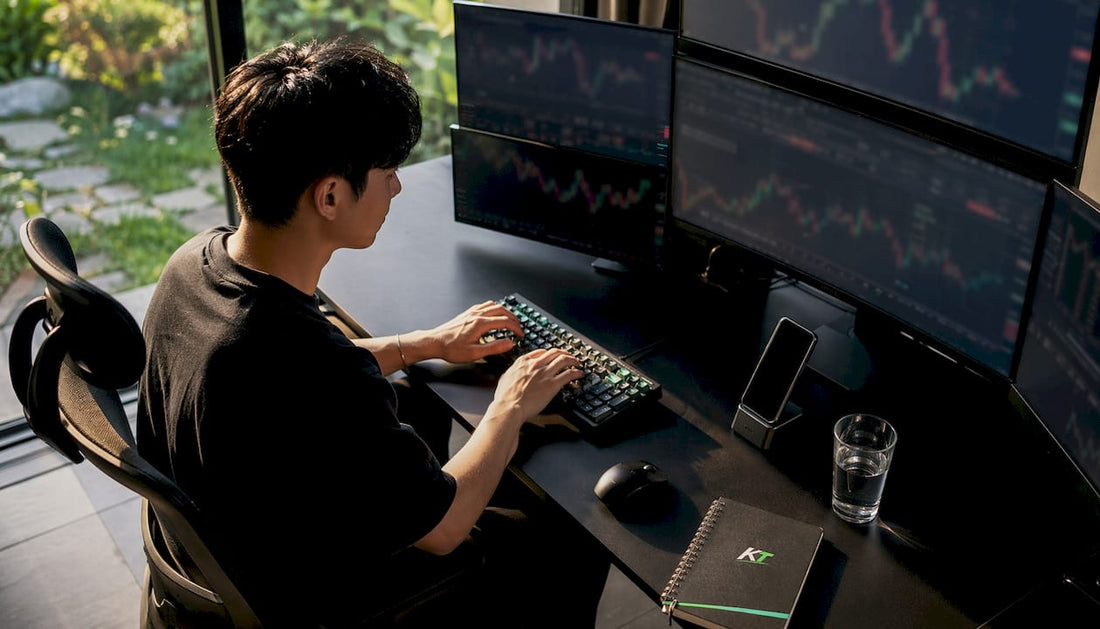 Forex trader pressing hotkeys at home setup