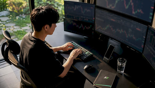 Forex trader pressing hotkeys at home setup