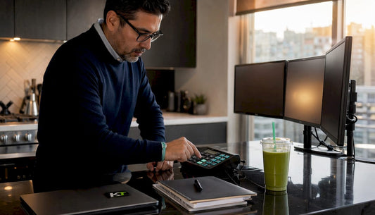 Trader using hardware keypad at home office desk
