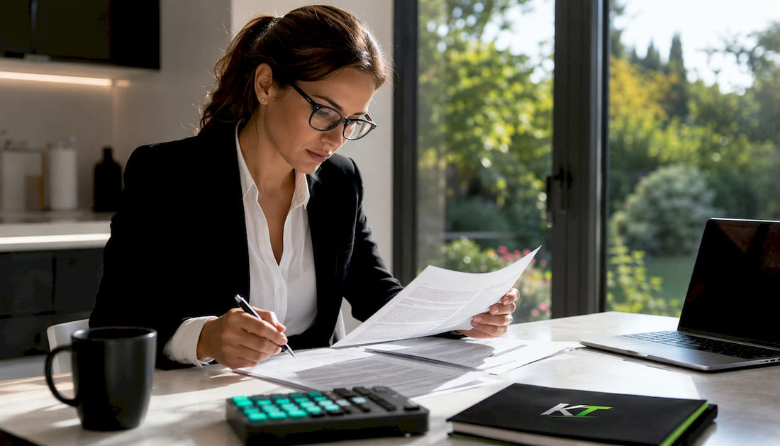 Trader reviewing compliance documents at desk