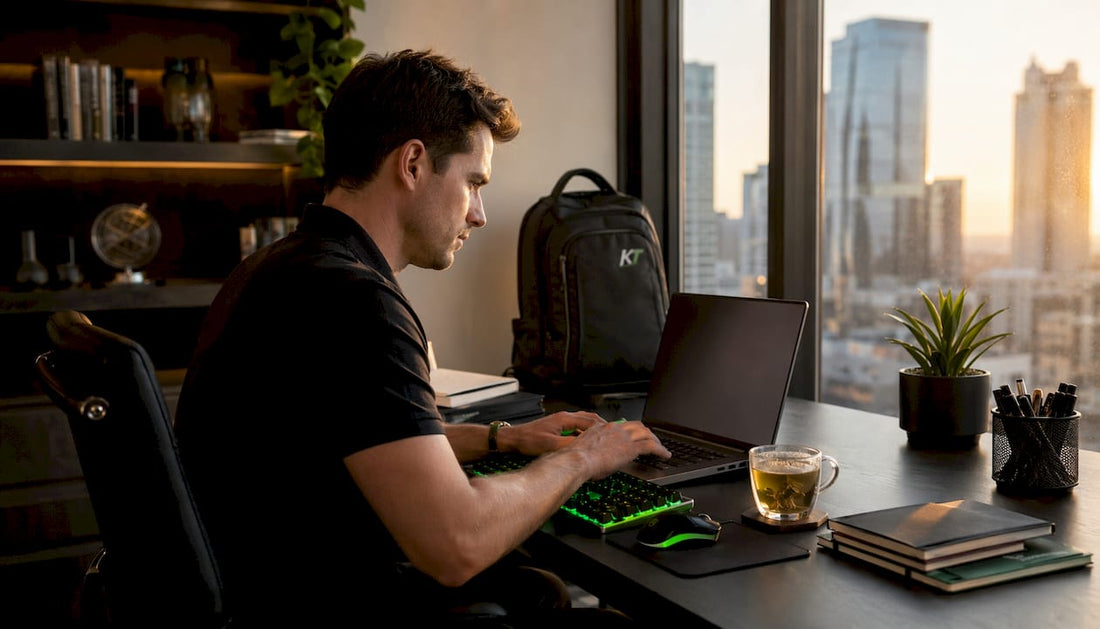 Trader configuring risk management setup at desk