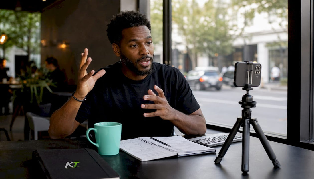 Trader recording short-form video at home desk