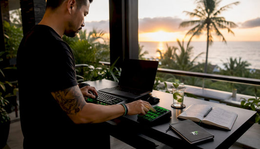 Trader using hardware keypad at cluttered desk