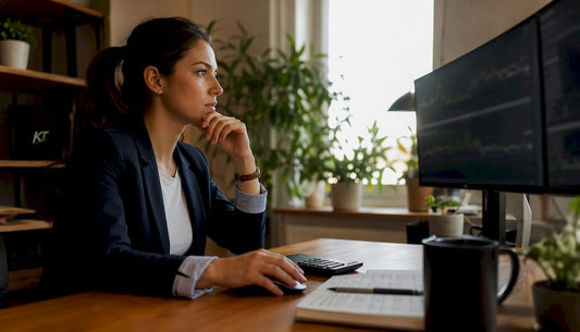 Trader calculating lot size at desk with calculator