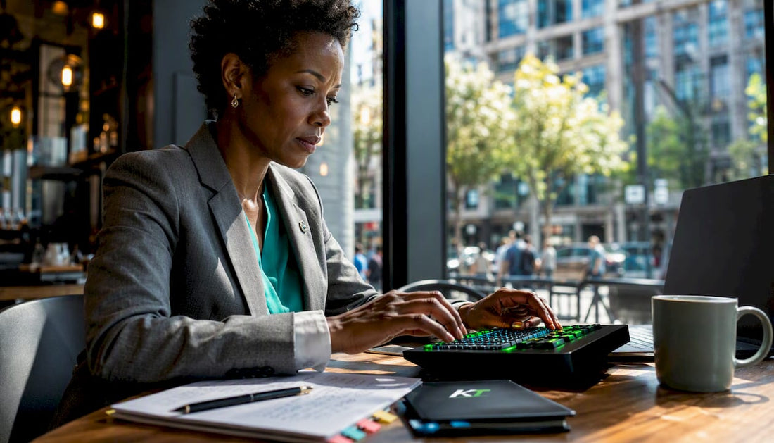 Trader using professional trading keypad at desk