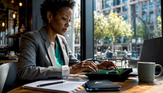 Trader using professional trading keypad at desk
