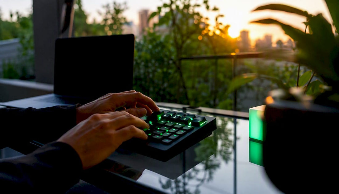 Hands using a black neon green trading keypad
