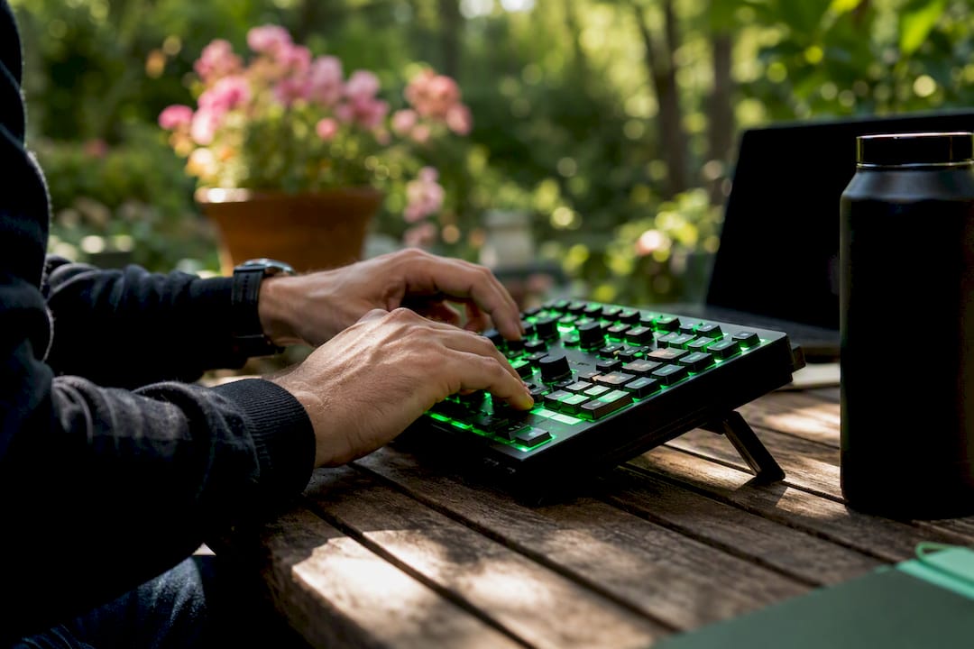 Hands pressing trading keypad buttons