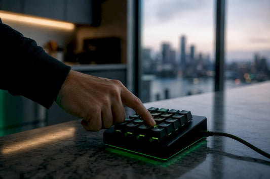 Trader hand pressing hardware trading keypad button