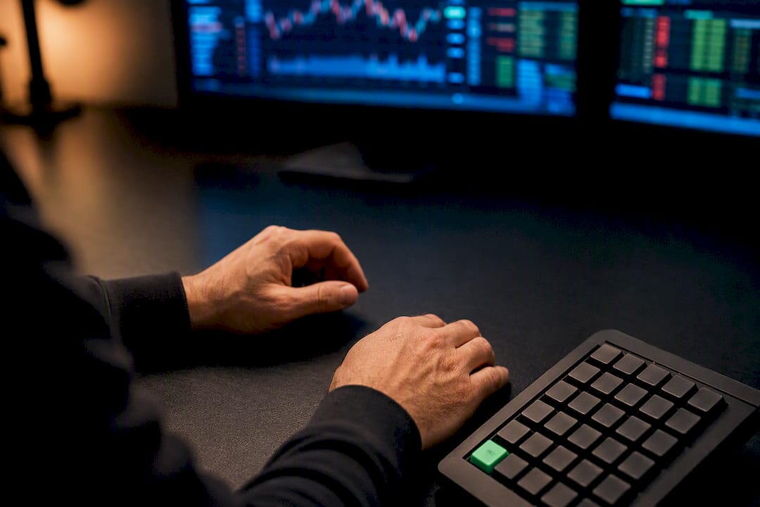 Trader using dedicated hotkeys at workstation