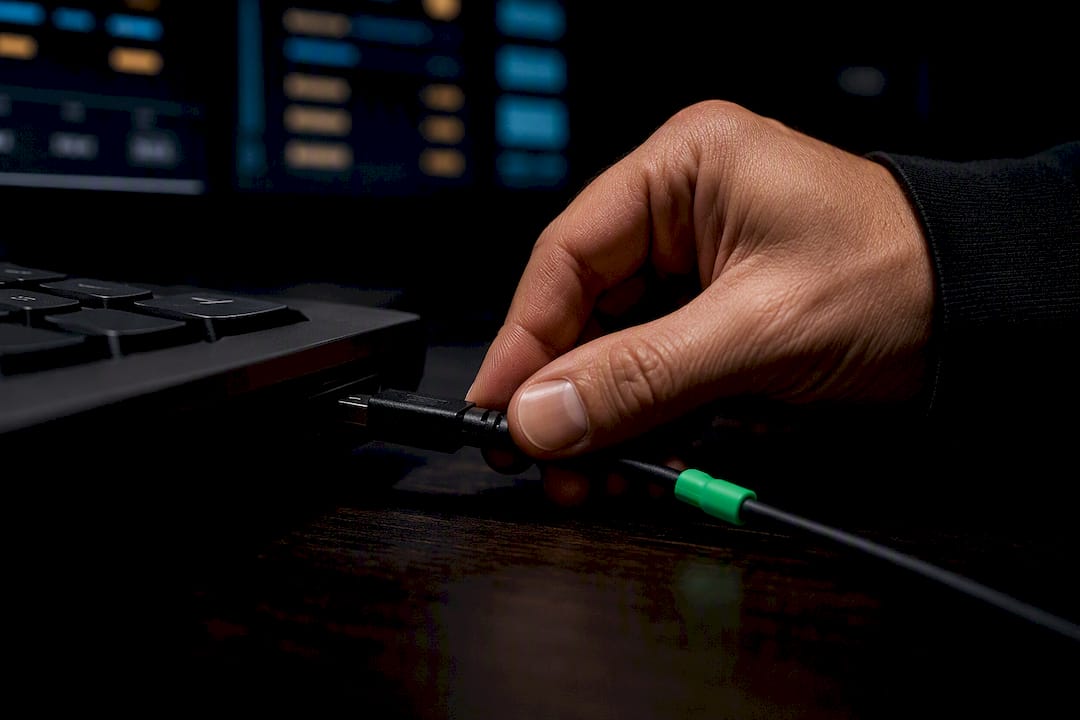 Trader connecting a keypad cable at setup station