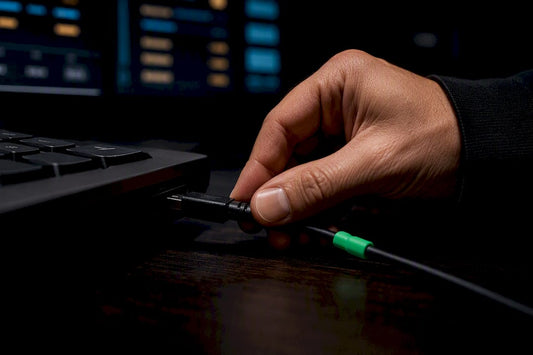 Trader connecting a keypad cable at setup station
