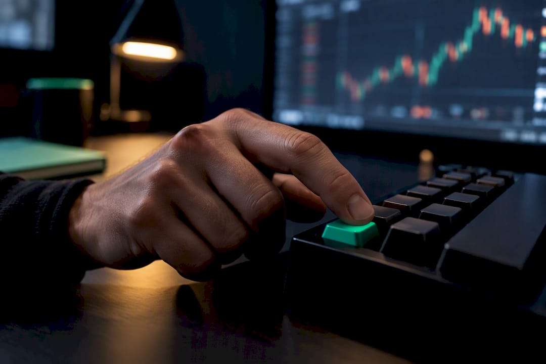 Trader pressing a hotkey beside abstract charts