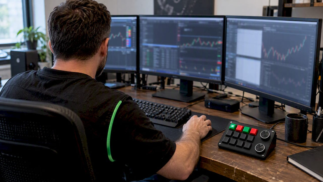 Key-Trade Trading Pad PRO beside trading monitors