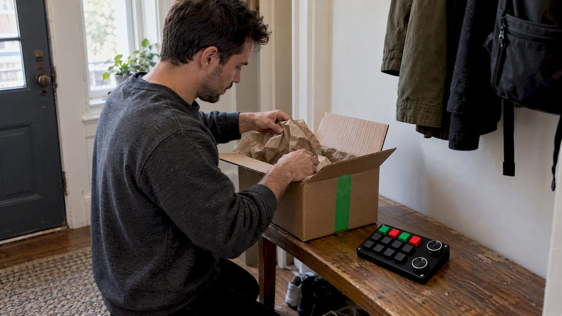 Trading keypad beside its opened delivery parcel
