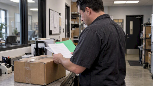 Importer checking paperwork beside hardware shipment
