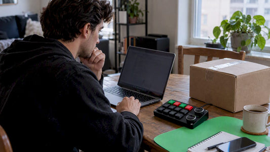 Trader checking keypad shipping beside the product