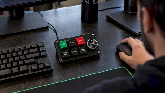 Key-Trade Trading Pad Mini beside compact keyboard
