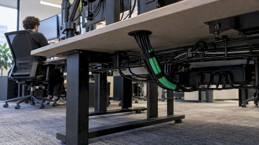 Organized cables routed beneath a trading desk